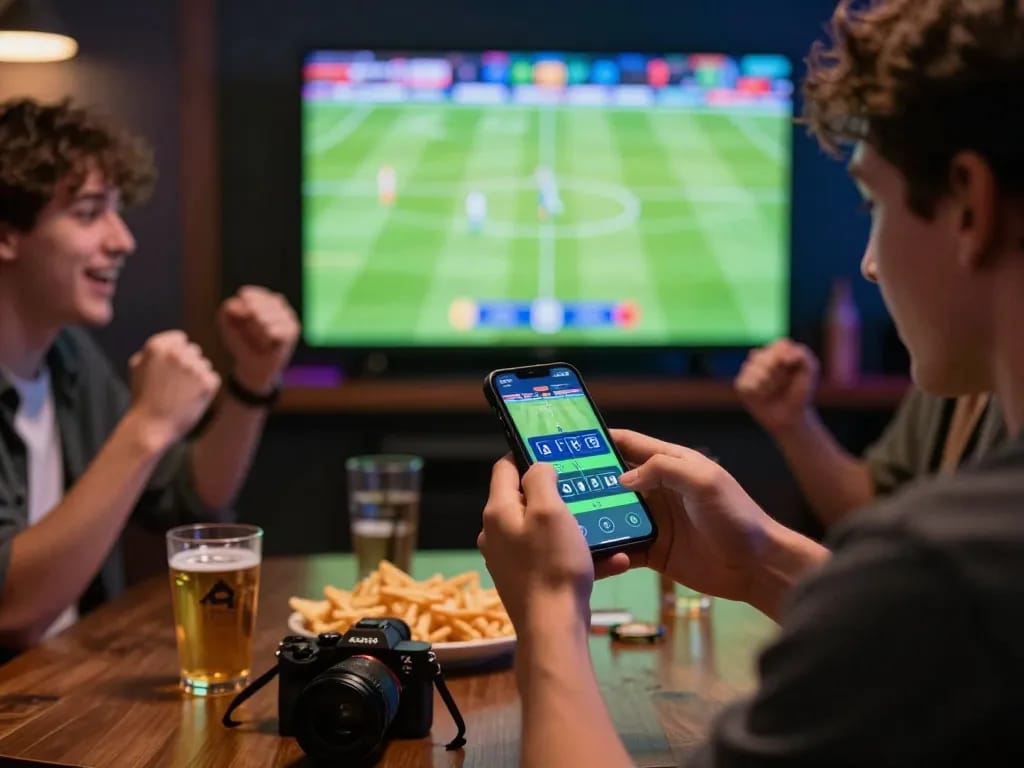 Engaging in sports betting with VMAX LINK on smartphone during a thrilling match.