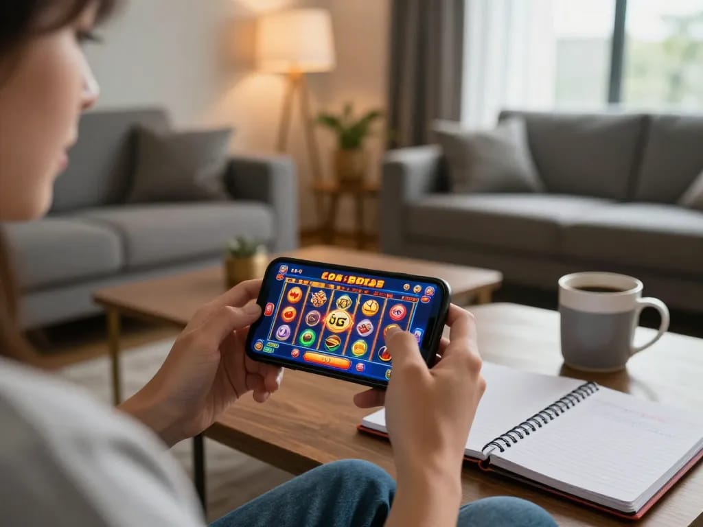 Engaged user playing on Luck8 mobile app in a cozy living room setting, showcasing the thrill of online gaming.