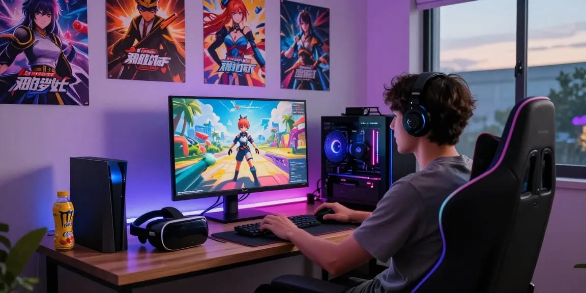 Player enjoying a hentai game on high-resolution monitor with vibrant game posters.