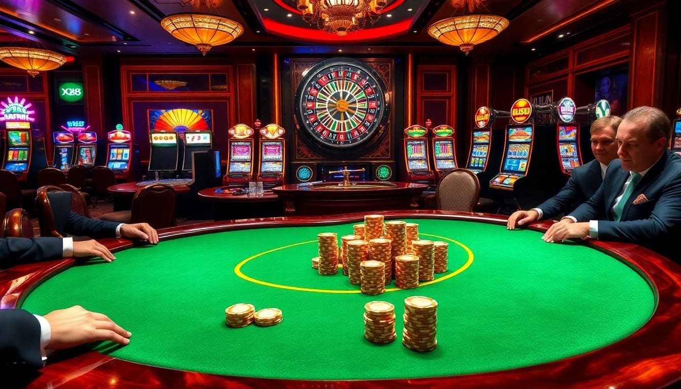 Engaging poker scene at nhà cái xx88 with elegant players and luxurious casino elements.
