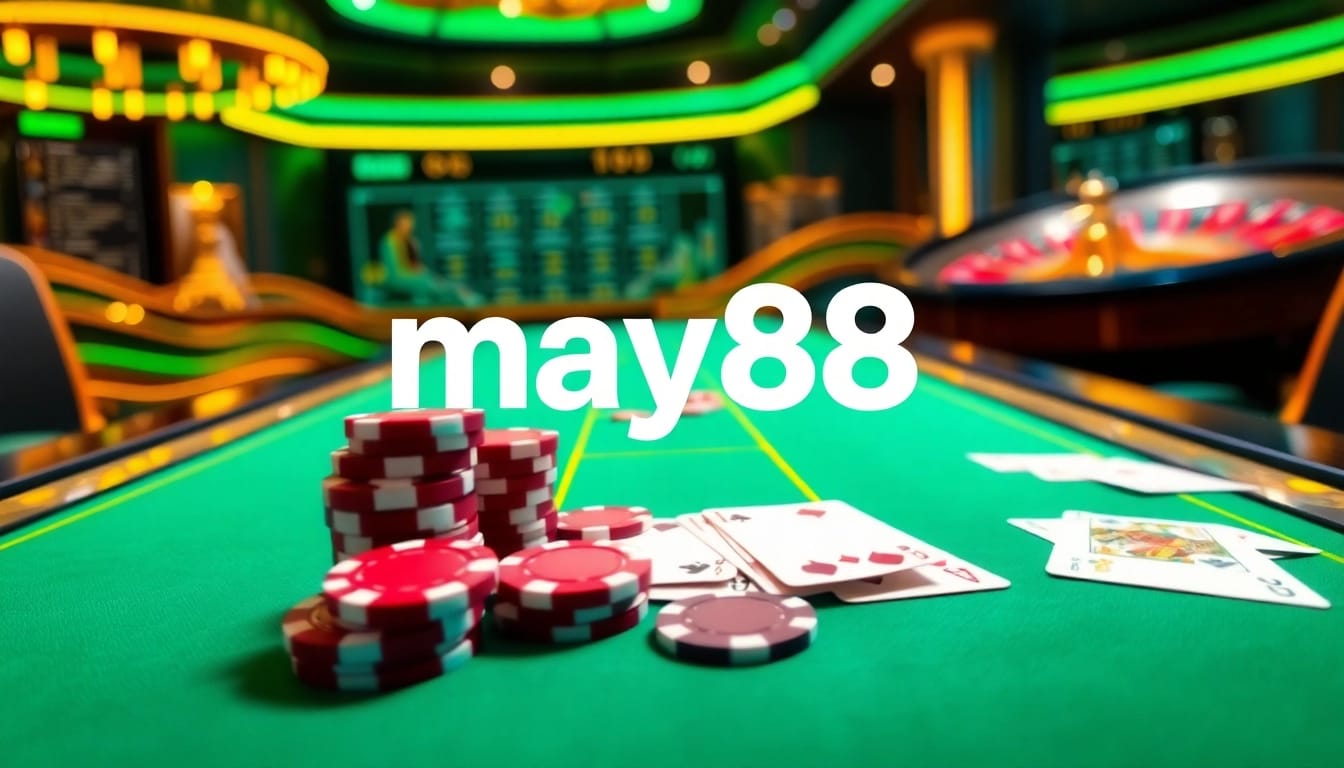 Experience the thrill of may88 with a vibrant online casino scene featuring poker and roulette tables.