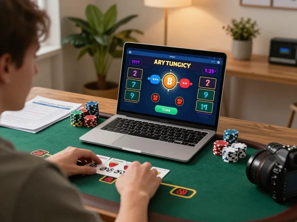 uk88 player engaging in live dealer blackjack strategy at home with warm lighting