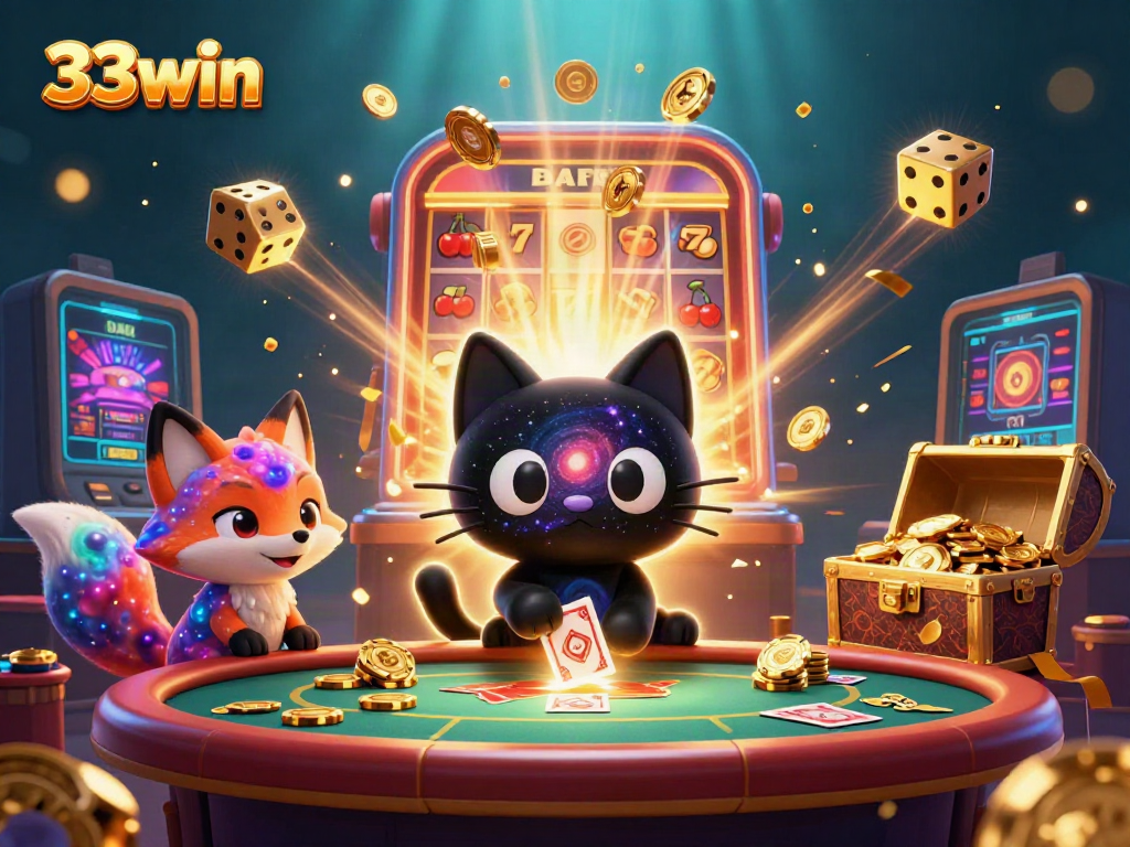 Engage with 33win's cosmic casino magic featuring a black hole cat and nebula fox in an explosive scene.