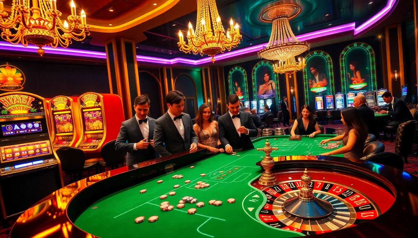 Betting excitement at a high-end casino scene showing players at a roulette table and slot machines, featuring https://uk88.trading/.