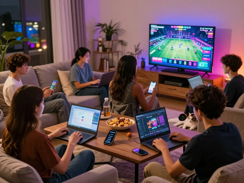 Users enjoying a vibrant gaming experience on the Sun Win platform in a cozy living room setting.