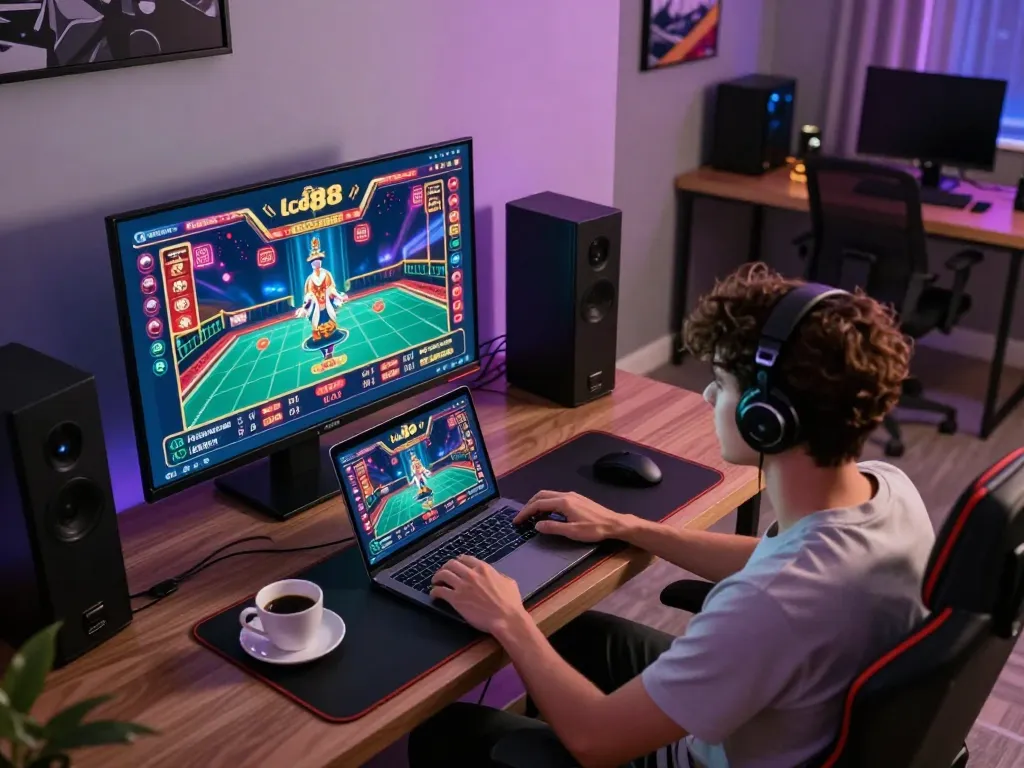 Engaging online gaming session on the lc88 app with a stylish setup and vibrant atmosphere.