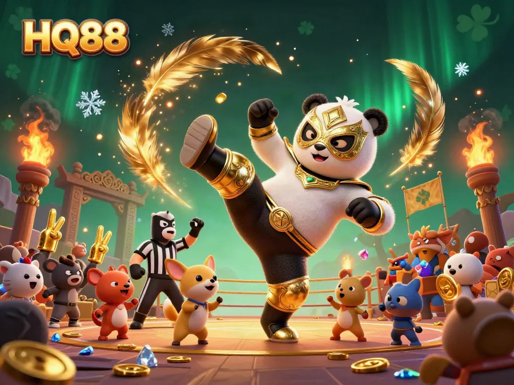 Experience the excitement of HQ88 with a thrilling wrestling showdown and vibrant casino elements.