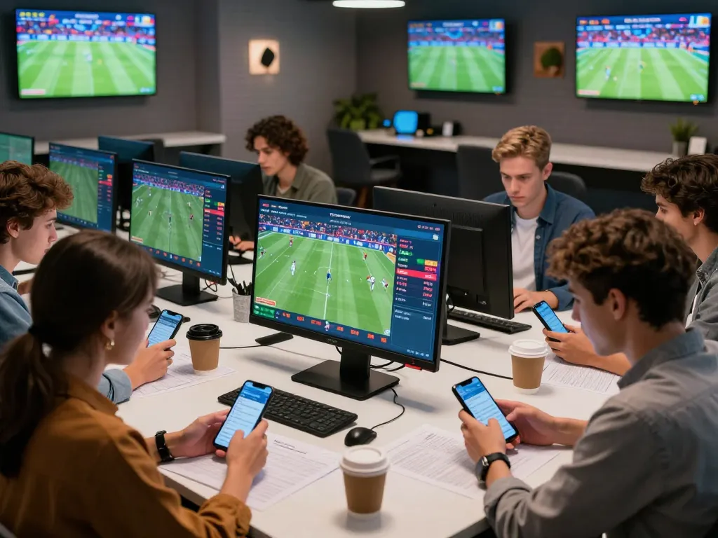 Group of bettors engaged with Nowgoal's live football betting interface, showcasing excitement and high-tech environment.