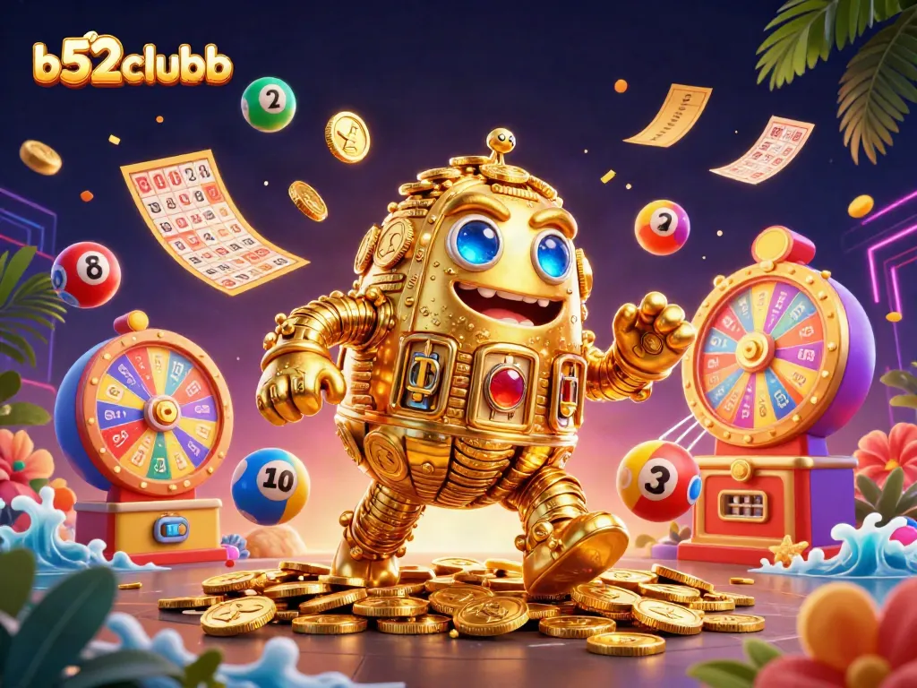 b52clubb showcases an energetic casino scene with gold golem, dynamic lottery elements, and vibrant game graphics