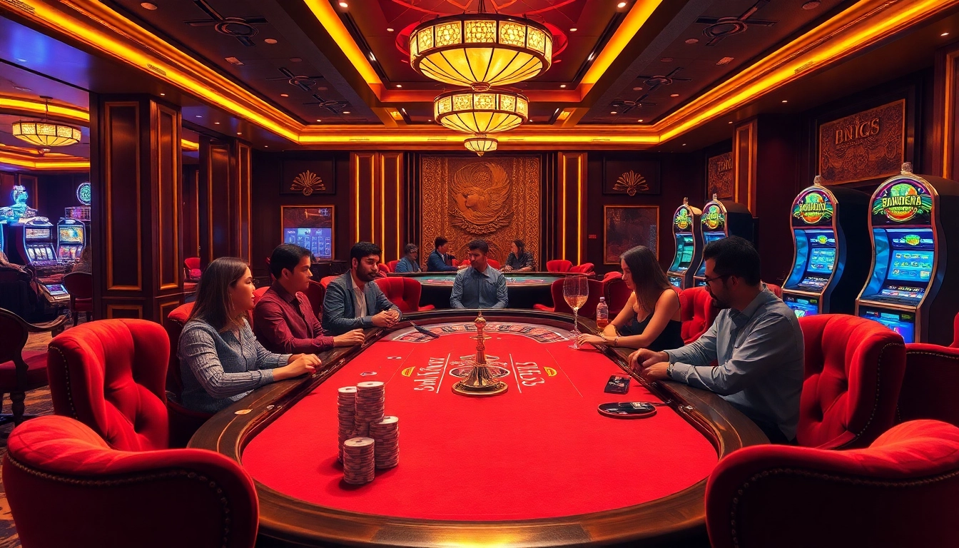 Players engaging in high-stakes fun at bangsawan88 casino, featuring vibrant poker chips and roulette wheels.
