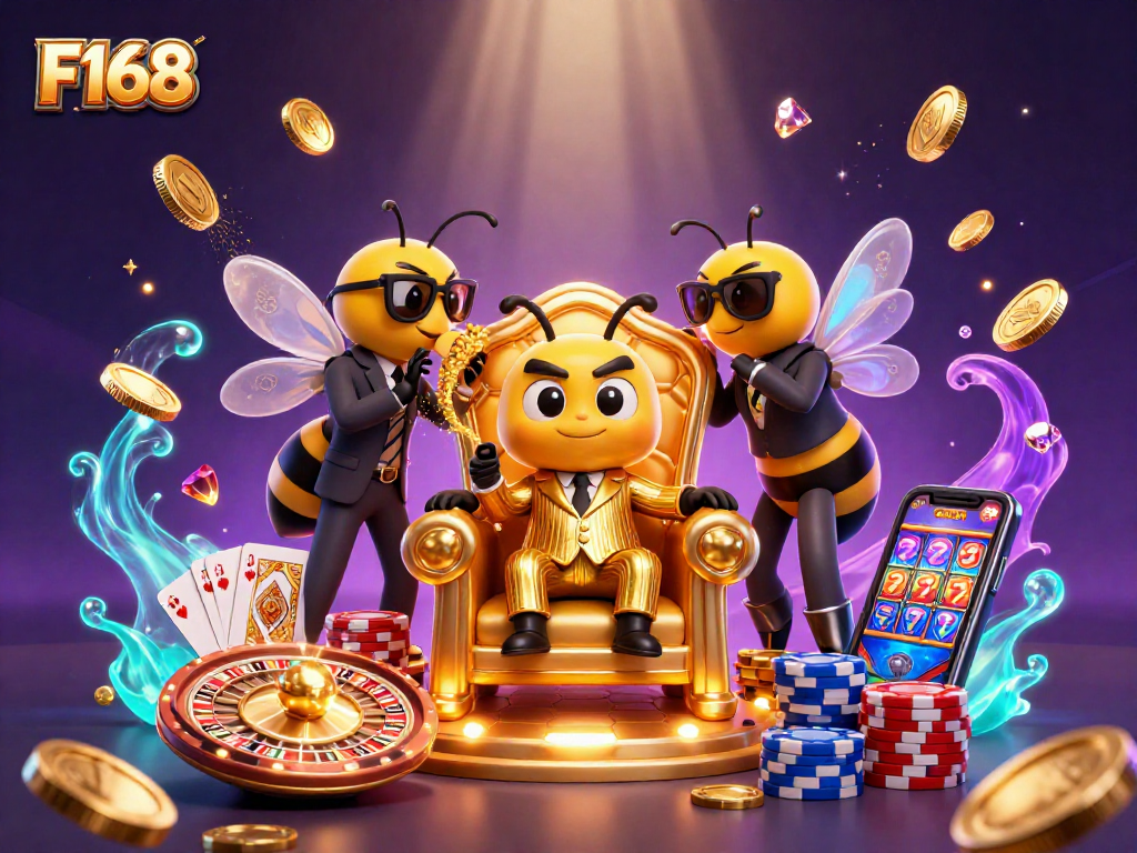 Experience excitement at F168 Casino with thrilling games and animated characters in a vibrant scene.