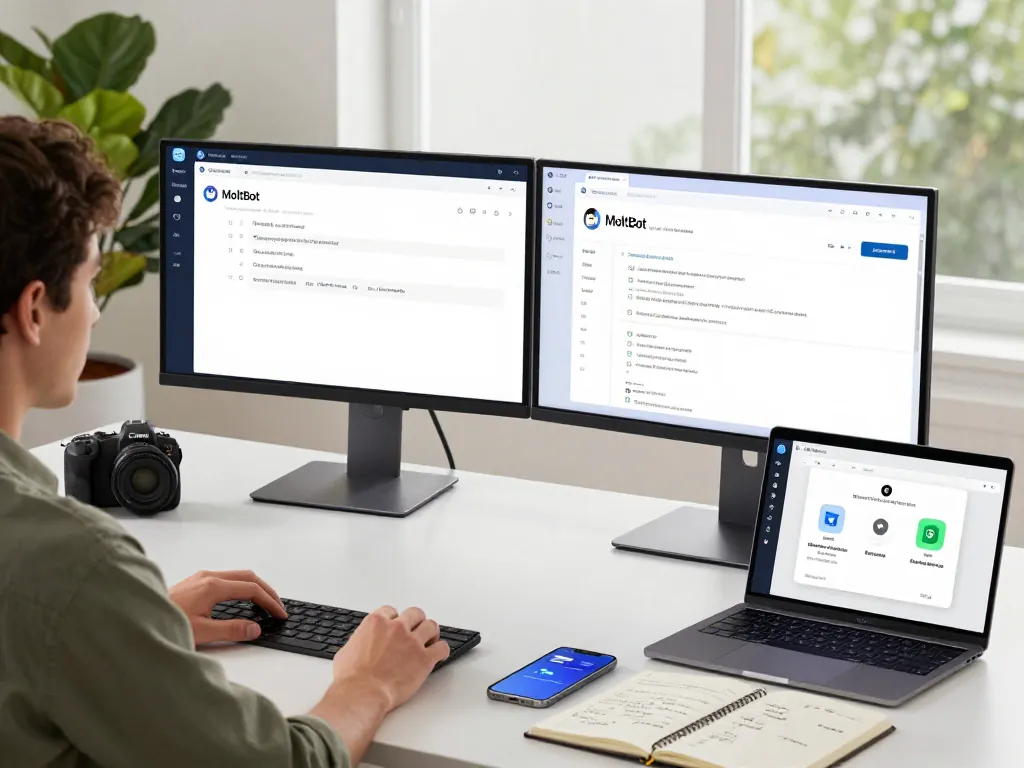 Molt bot dashboard displayed on desktop with dual monitors, illustrating task management and automation in a modern workspace.