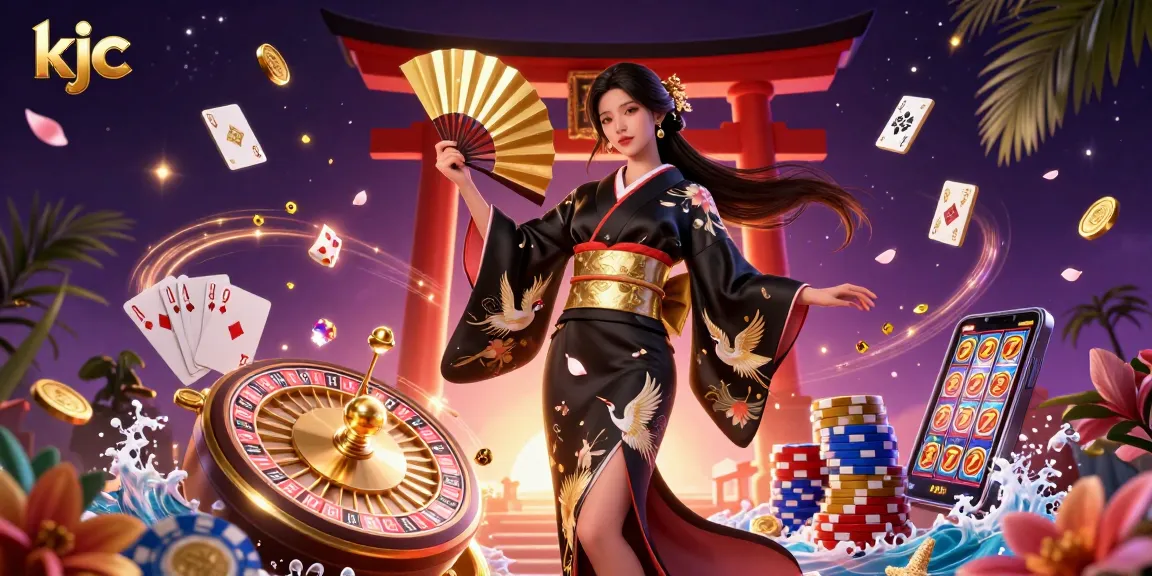 Experience the exciting world of gambling with KJC's vibrant digital casino illustration featuring slot reels, roulette, and poker elements.