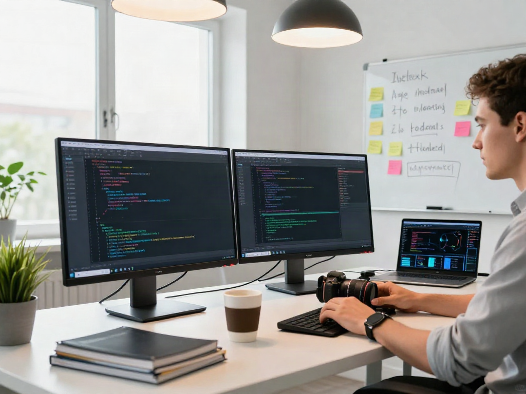 Tech workspace focusing on instant indexing, showcasing coding and analytics in a bright environment.