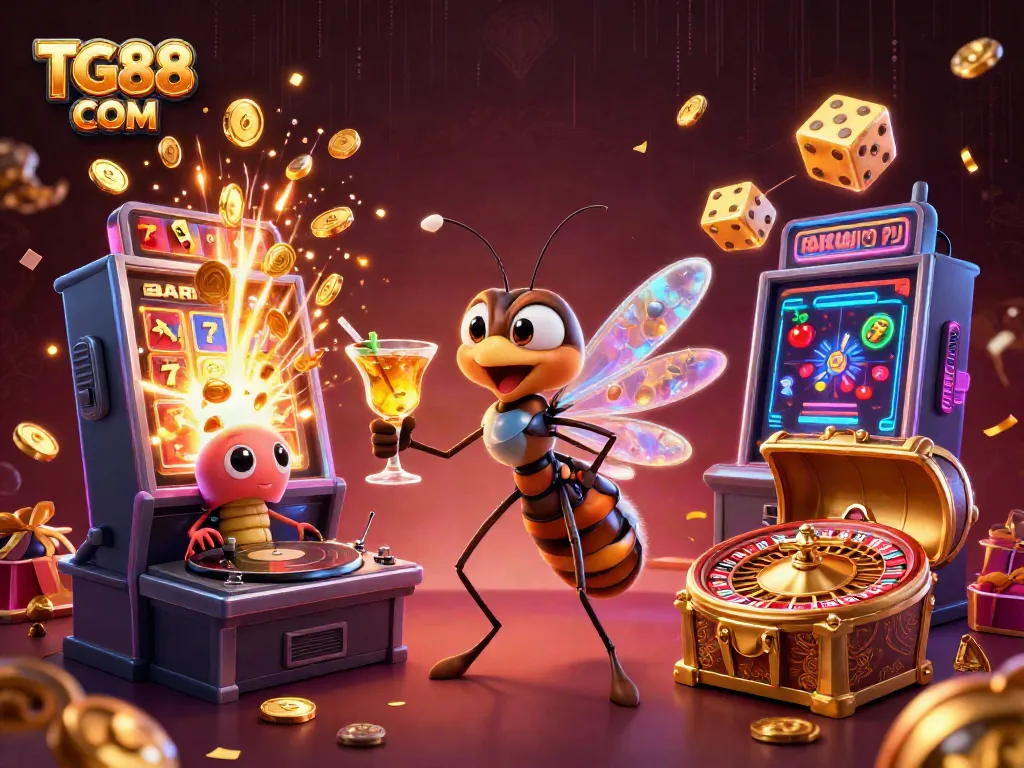 Engaging scene featuring TG88 COM casino elements with a frozen mosquito mascot and golden roulette