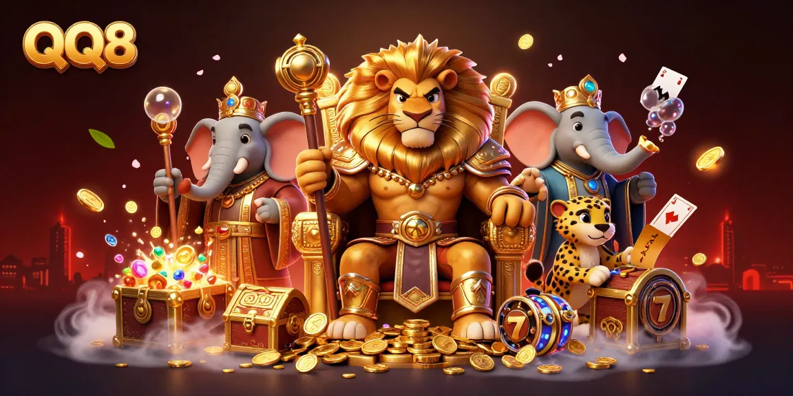 Experience QQ8's vibrant casino adventure with a fierce lion king, wise elephant advisor, and quick cheetah messenger surrounded by engaging gaming elements.