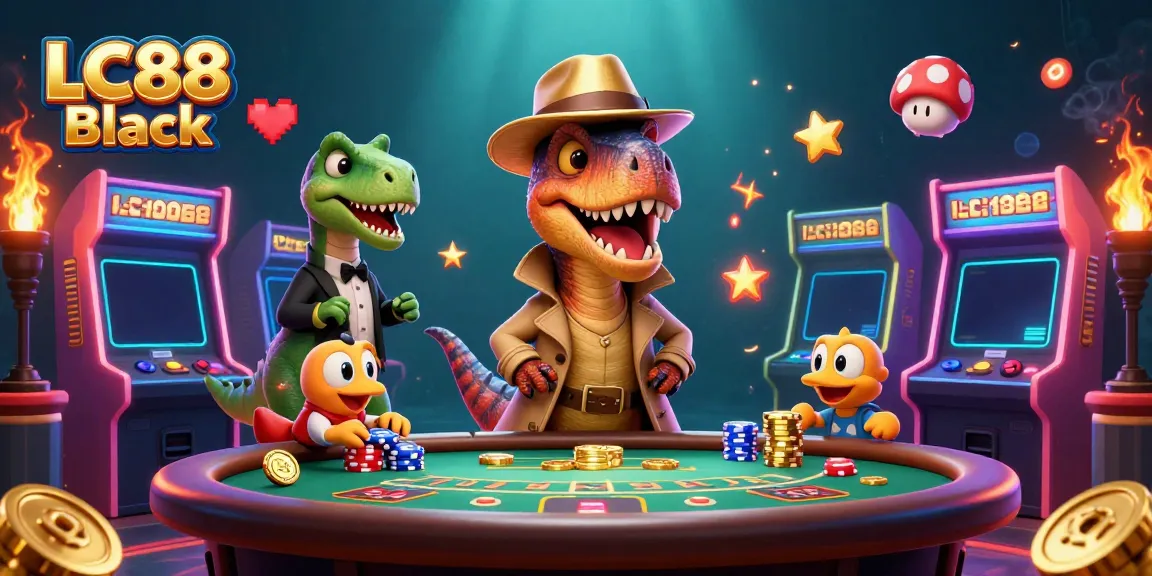 Experience exciting gameplay at LC88 Black with a cartoon velociraptor card counter at a blackjack table.