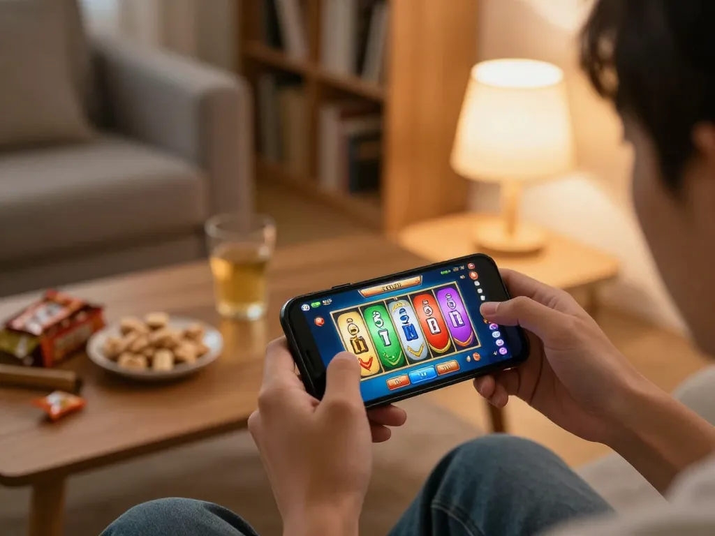 Nổ hũ game interface displayed on a smartphone during a cozy home gaming session