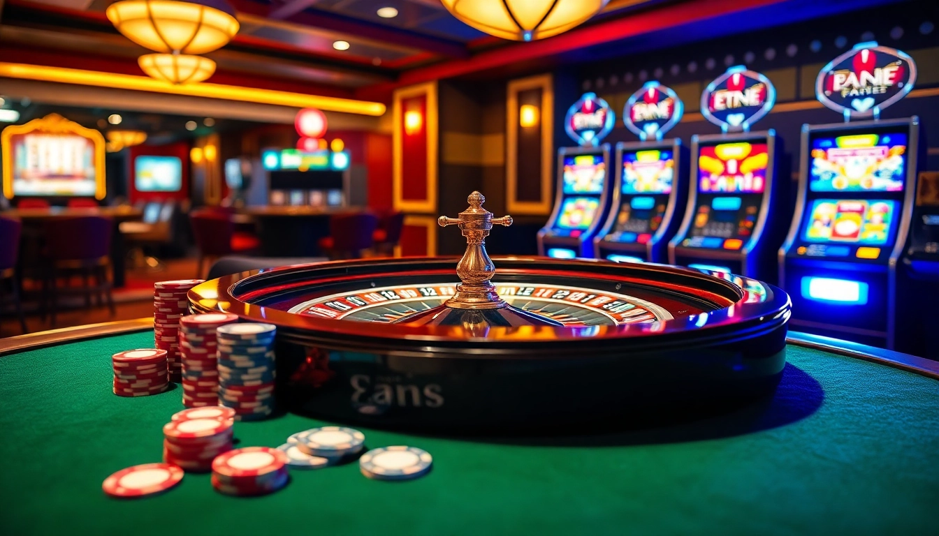 Experience high-stakes gaming with vibrant casino tables at https://bem88.com featuring cards, chips, and roulette action.