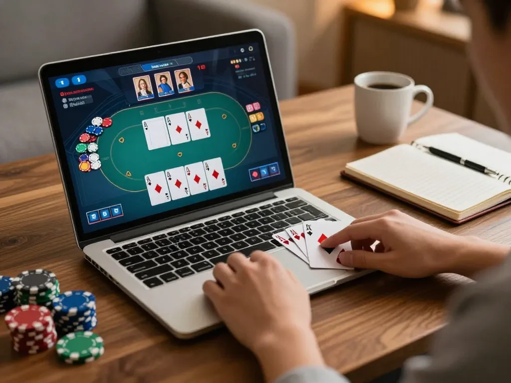 Engaged player at home using vb88 link vào for online poker strategy and gaming.