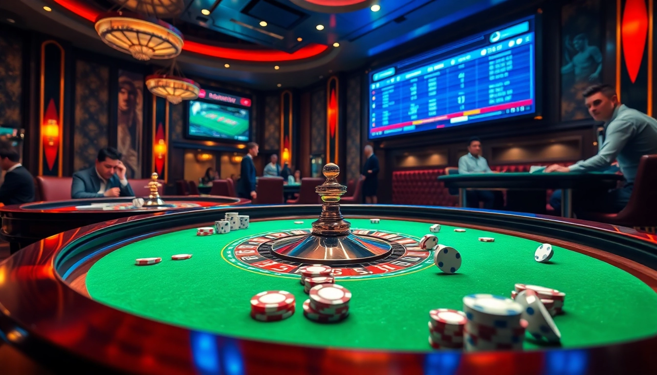Exciting scene showcasing kèo nhà cái in a luxurious casino with roulette tables and vibrant lighting.
