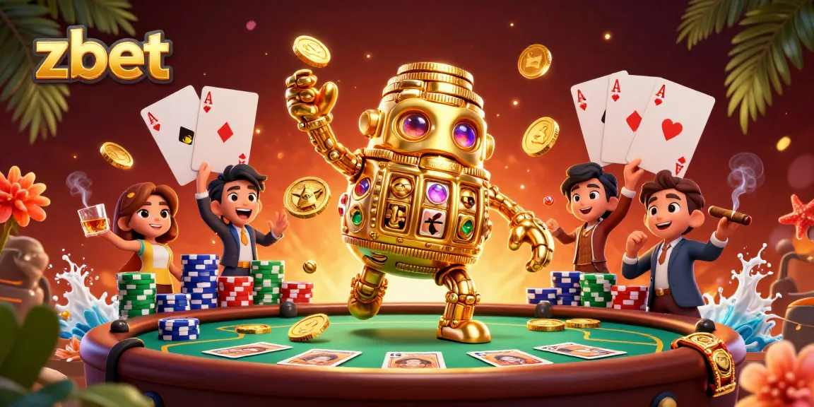 Zbet's golden golem and poker table capture thrilling casino excitement.