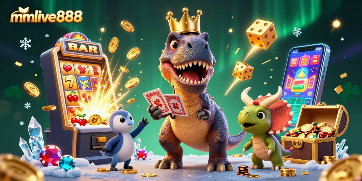 Experience the excitement of mmlive888 with a T-Rex shuffling cards amid dazzling casino elements.
