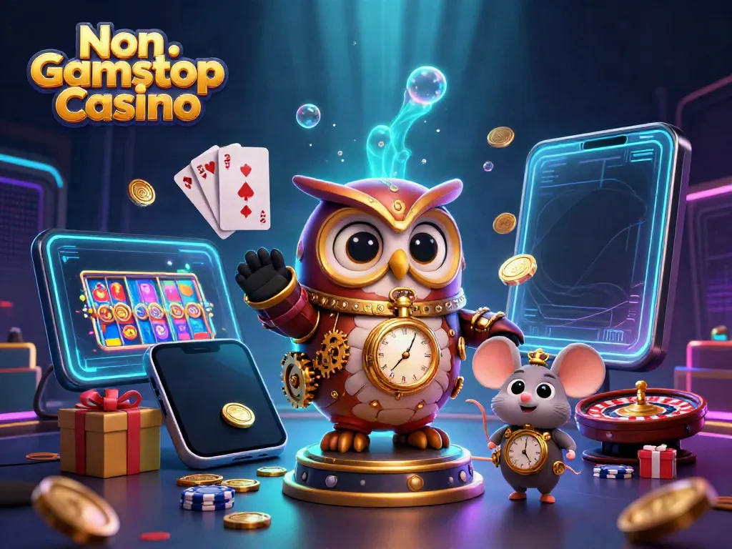 Experience the thrill of Non Gamstop Casino with a vibrant 3D scene of a time-traveling owl in a steampunk casino setting.