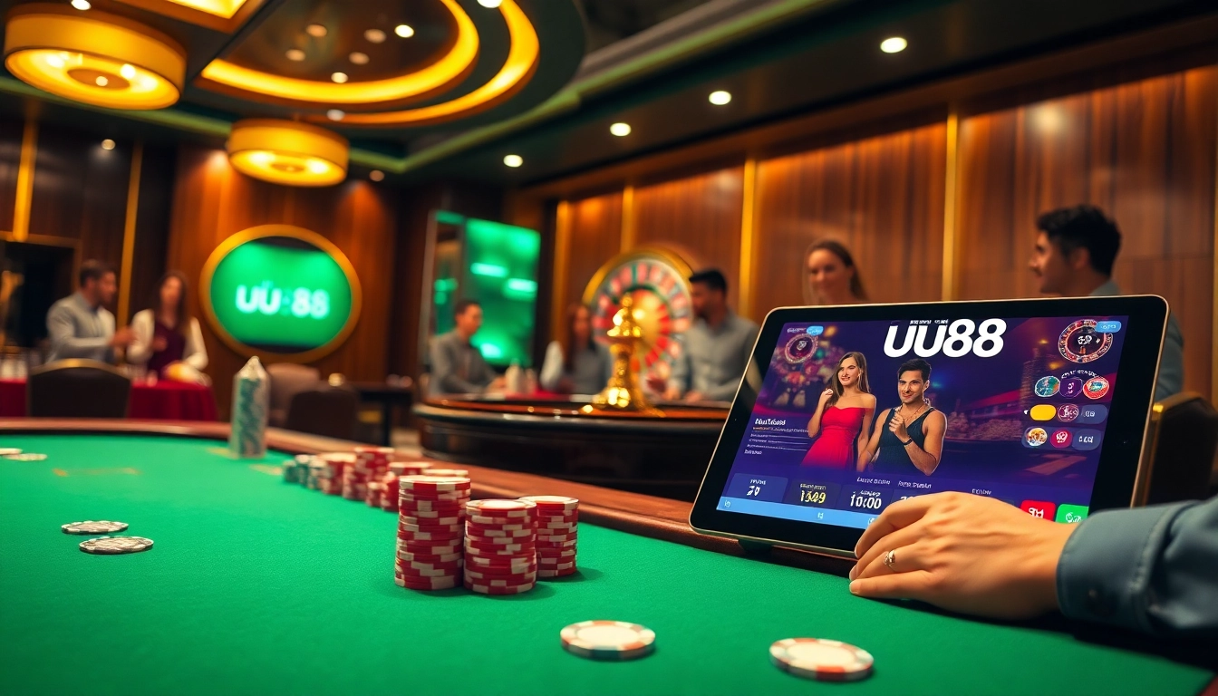 Experience excitement at uu88 with a vibrant casino scene featuring poker tables and roulette wheels.
