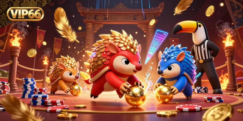 Experience excitement with the VIP66 pangolin duel amidst poker chips and golden scales in this dynamic scene.