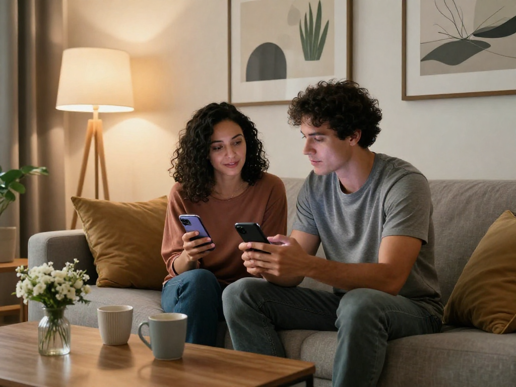 Couple using AI chat porn app on smartphones in cozy living room.