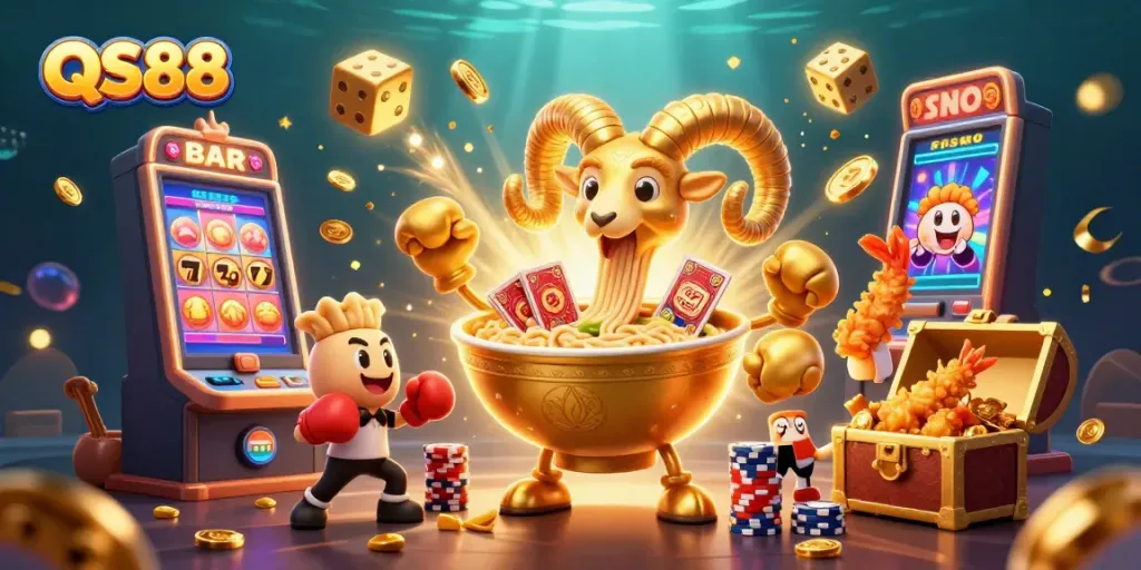 Experience the excitement at QS88 with a bustling casino scene featuring dynamic characters and game elements.