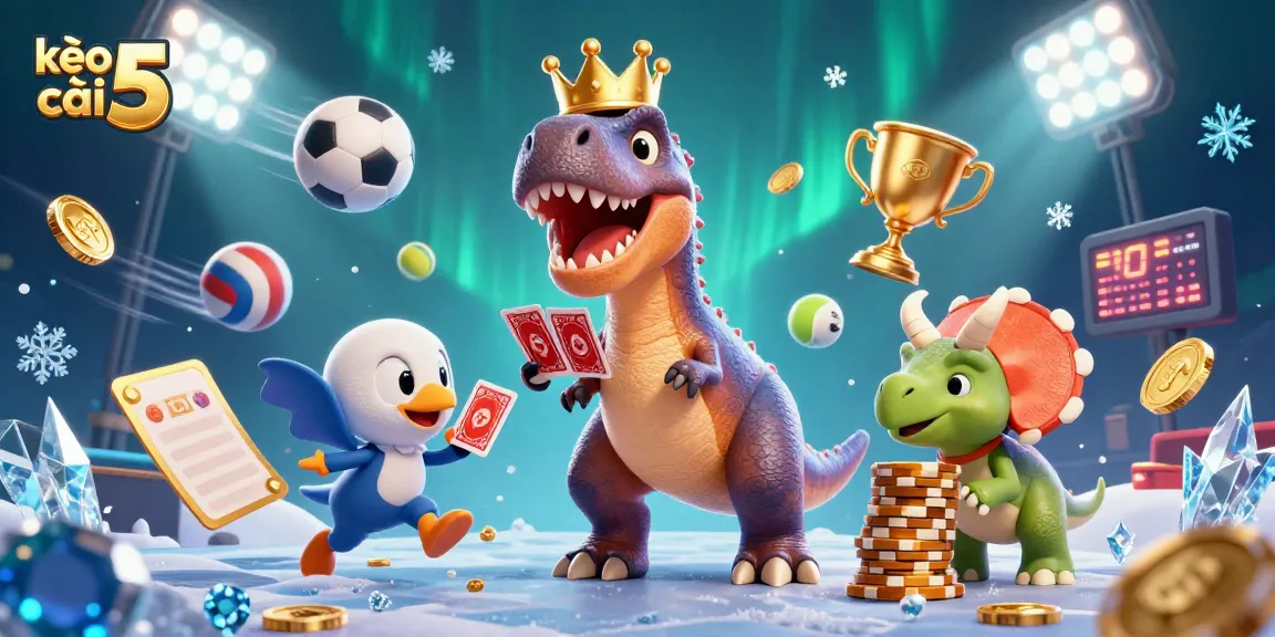 Engage with kèo nhà cái 5 by watching a T-Rex shuffle cards while sports elements create action.