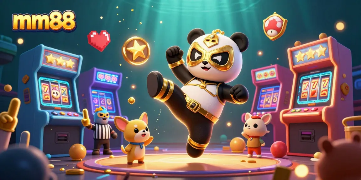 Engage in thrilling gameplay at mm88, depicted by a vibrant casino illustration with animated characters and slots.