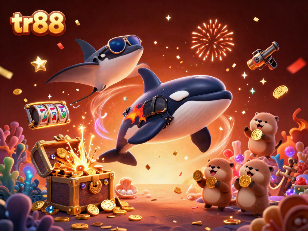 Play exciting tr88 games with an orca and stingray amidst treasures in this vibrant casino-themed illustration.