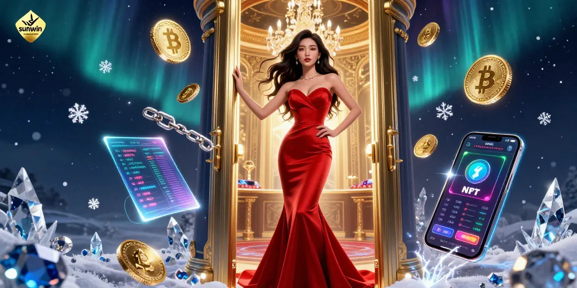 Experience the glittering world of sunwin with a stunning Asian woman in a luxury casino doorway adorned with neon crypto elements.