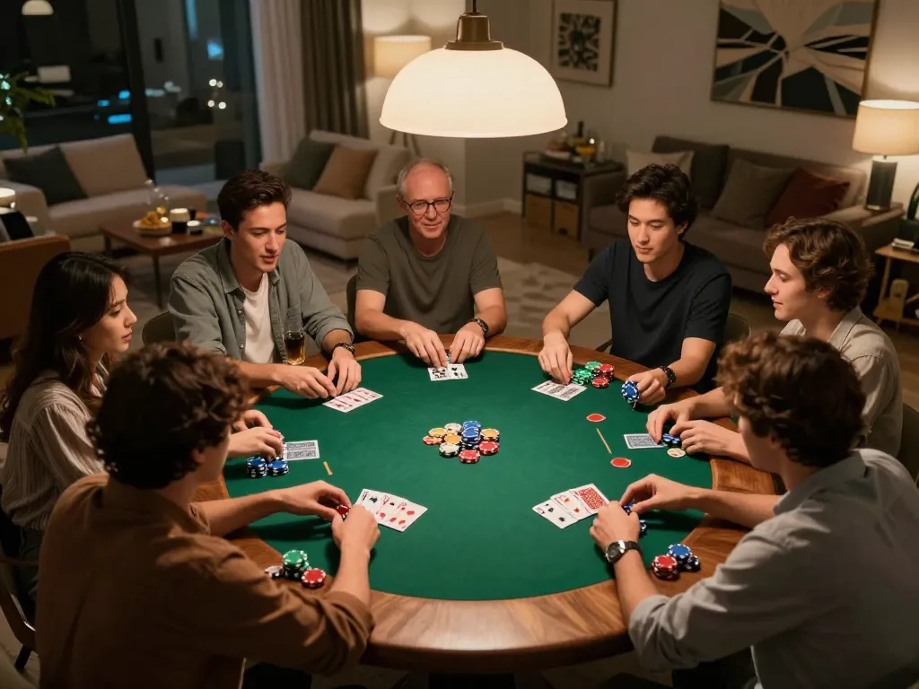 Players enjoying a friendly poker night at home, experiencing gamebaidoithuong8 excitement with cards and chips.