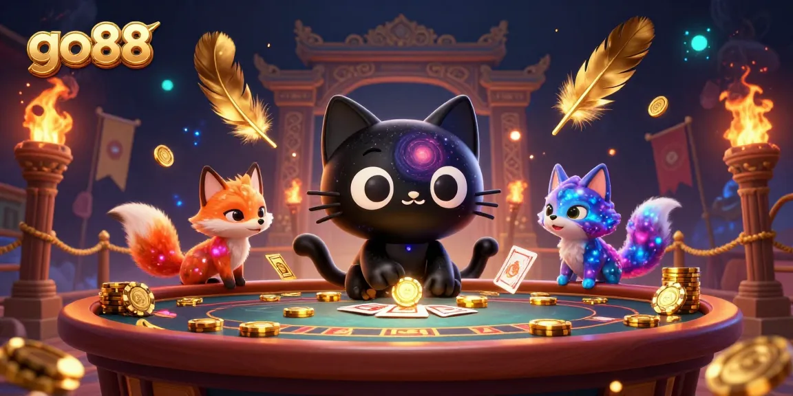 Experience thrilling gameplay at go88 with a cosmic cat drawing in chips and cards at the casino table.
