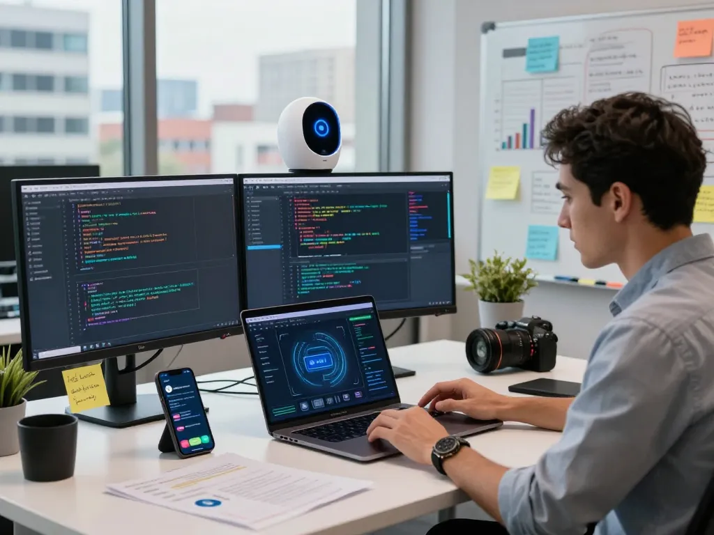 Professional workspace showcasing the clawbot AI assistant, dual monitors with analytics and code, enhancing productivity.