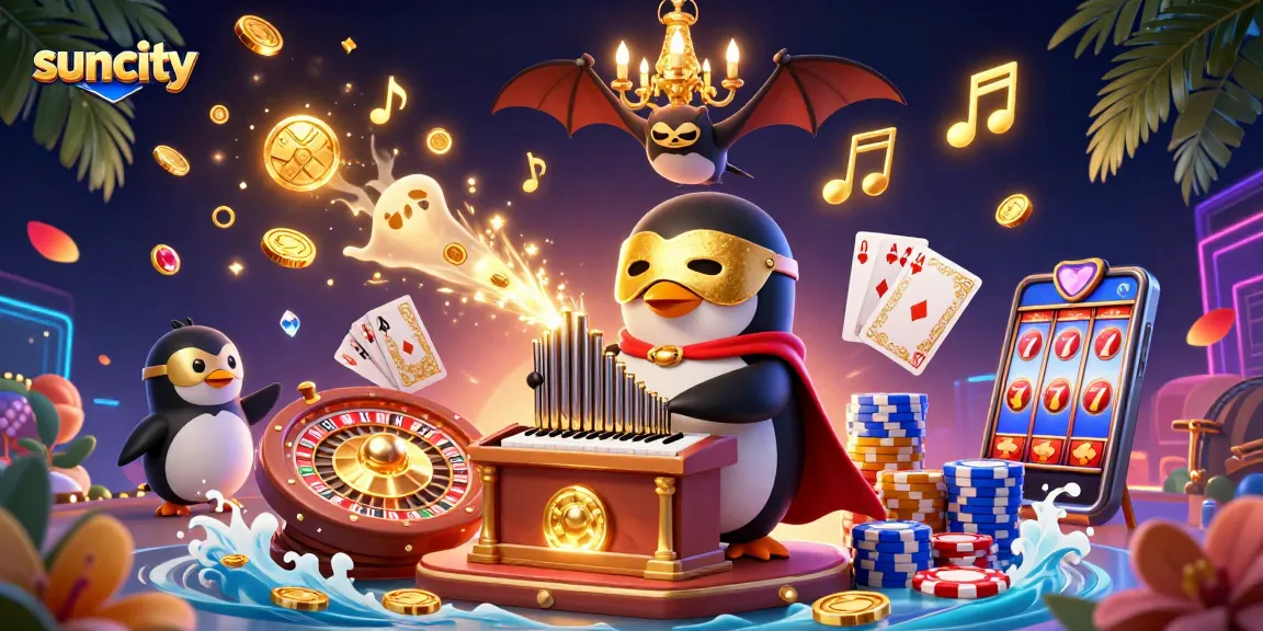 Engage in thrilling gameplay at Suncity with animated characters and cascading coins.