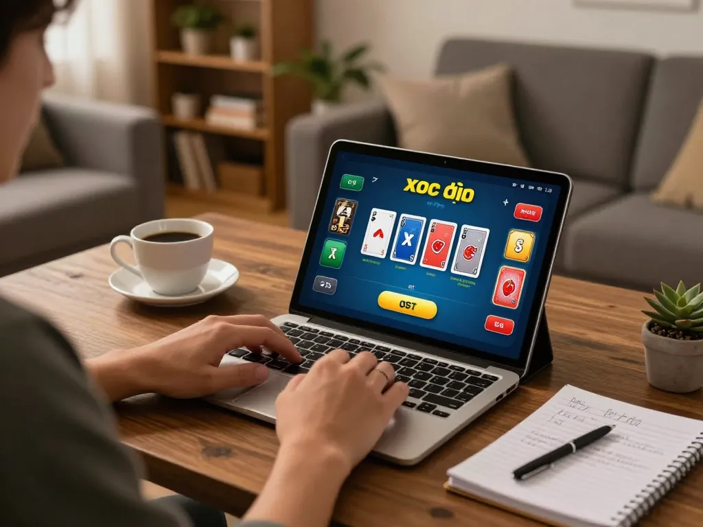 Engaging player immersed in xóc đĩa online gaming on tablet with strategic notes beside.