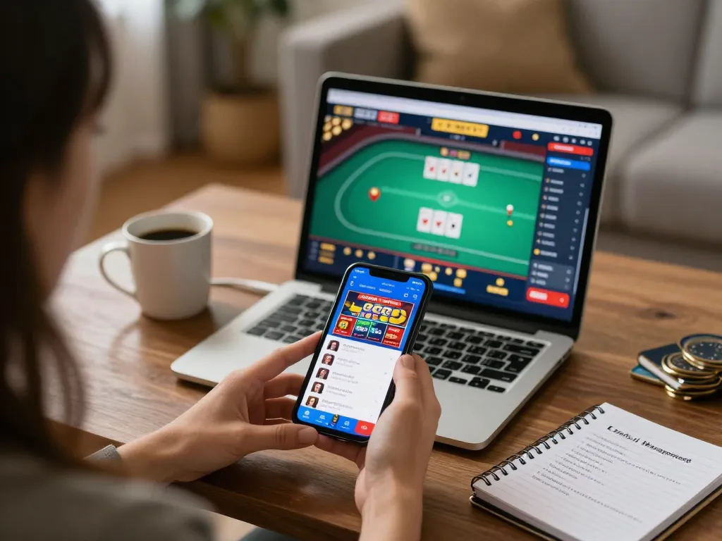 Engaging online gambling scene featuring LC88 mobile app with player strategizing in a cozy atmosphere.