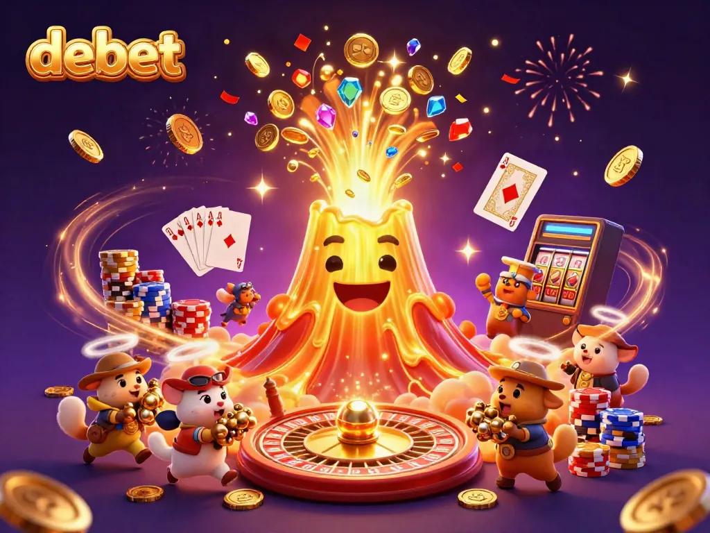 Experience excitement with debet as golden treasures erupt from a volcano amid a vibrant casino scene.
