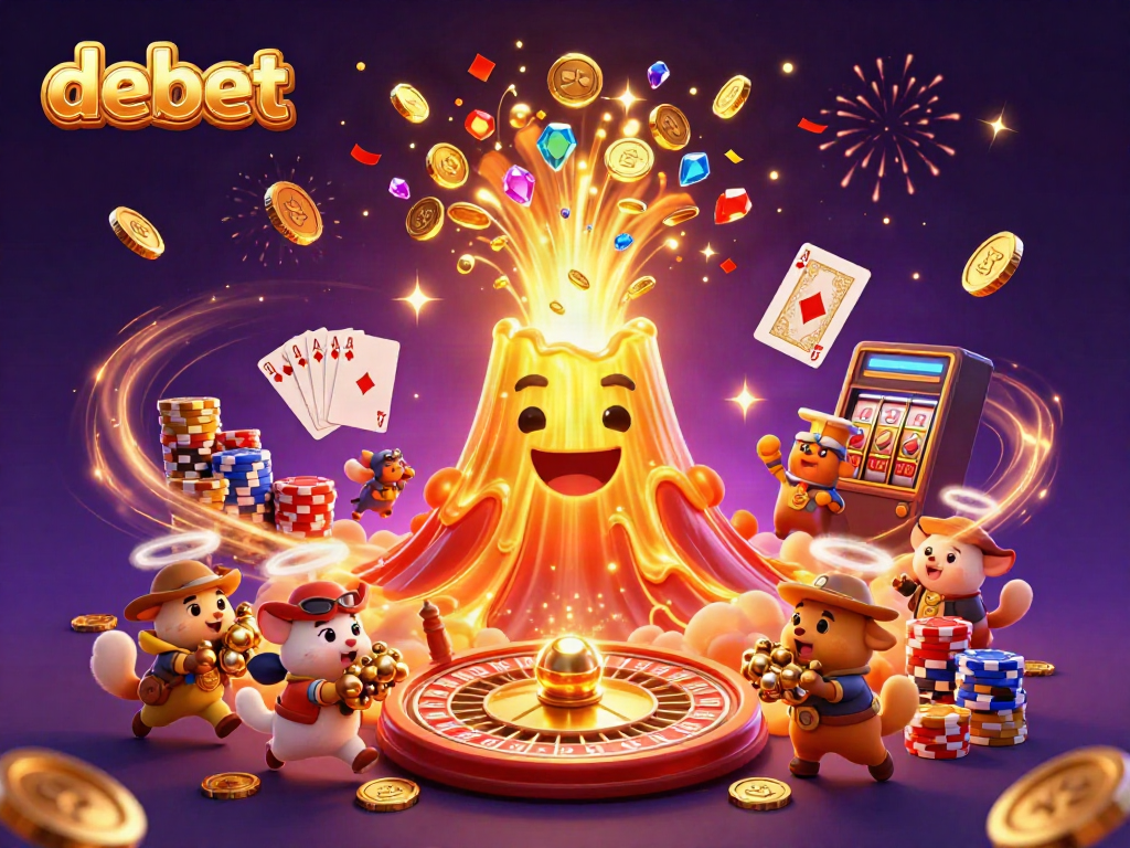 Experience excitement with debet as golden treasures erupt from a volcano amid a vibrant casino scene.