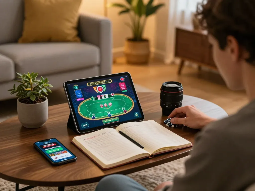 Player engaging with the jokerapp123a casino app on tablet in a cozy living room.