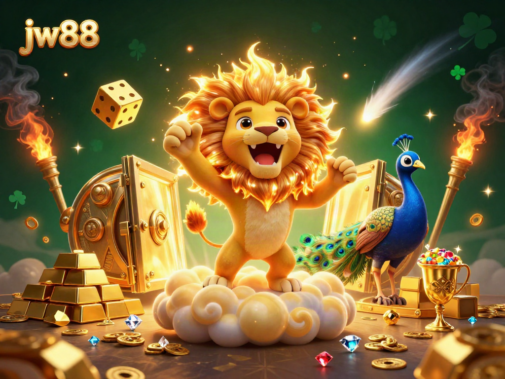 Experience thrilling wins at jw88 with a vibrant casino-themed 3D illustration showcasing dynamic characters and gaming elements.