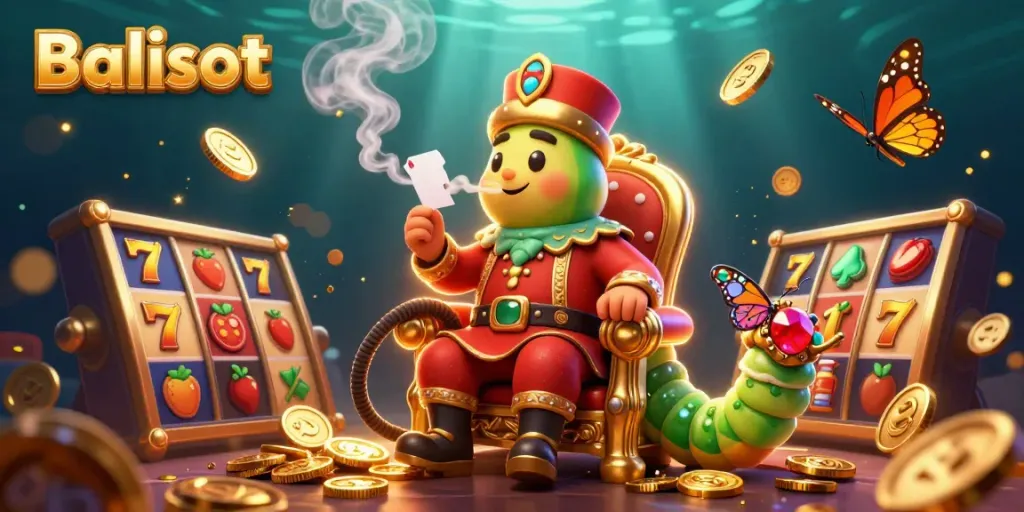 Balislot offers vibrant slot gameplay with a unique caterpillar character in a rich casino scene.
