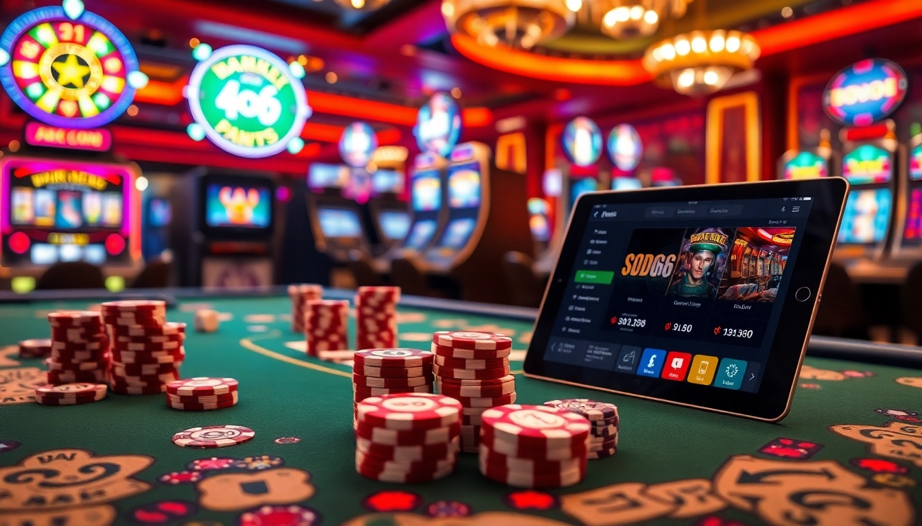 Engaging scene at SODO66 casino with vibrant gaming tables and slots, showcasing high-stakes action.