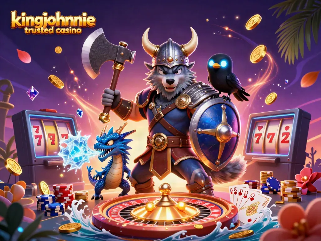 Experience the thrill at kingjohnnie trusted casino with a Viking wolf, dragon, and vibrant gaming elements.