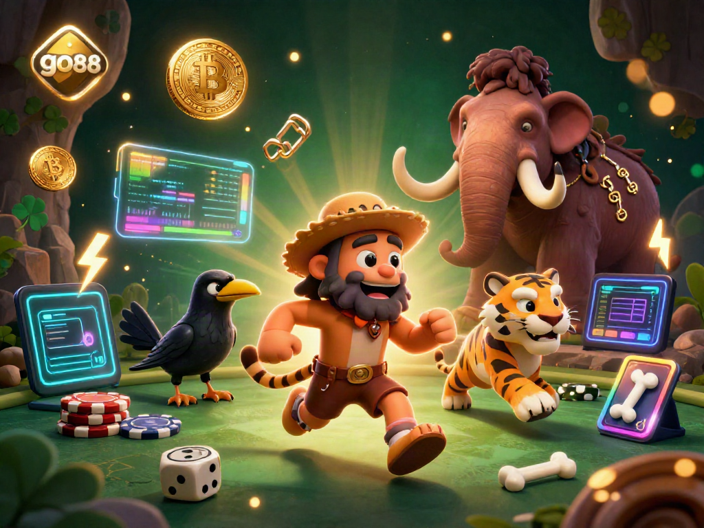 Experience the excitement of go88 with a vibrant prehistoric casino scene featuring a caveman and sabertooth tiger.